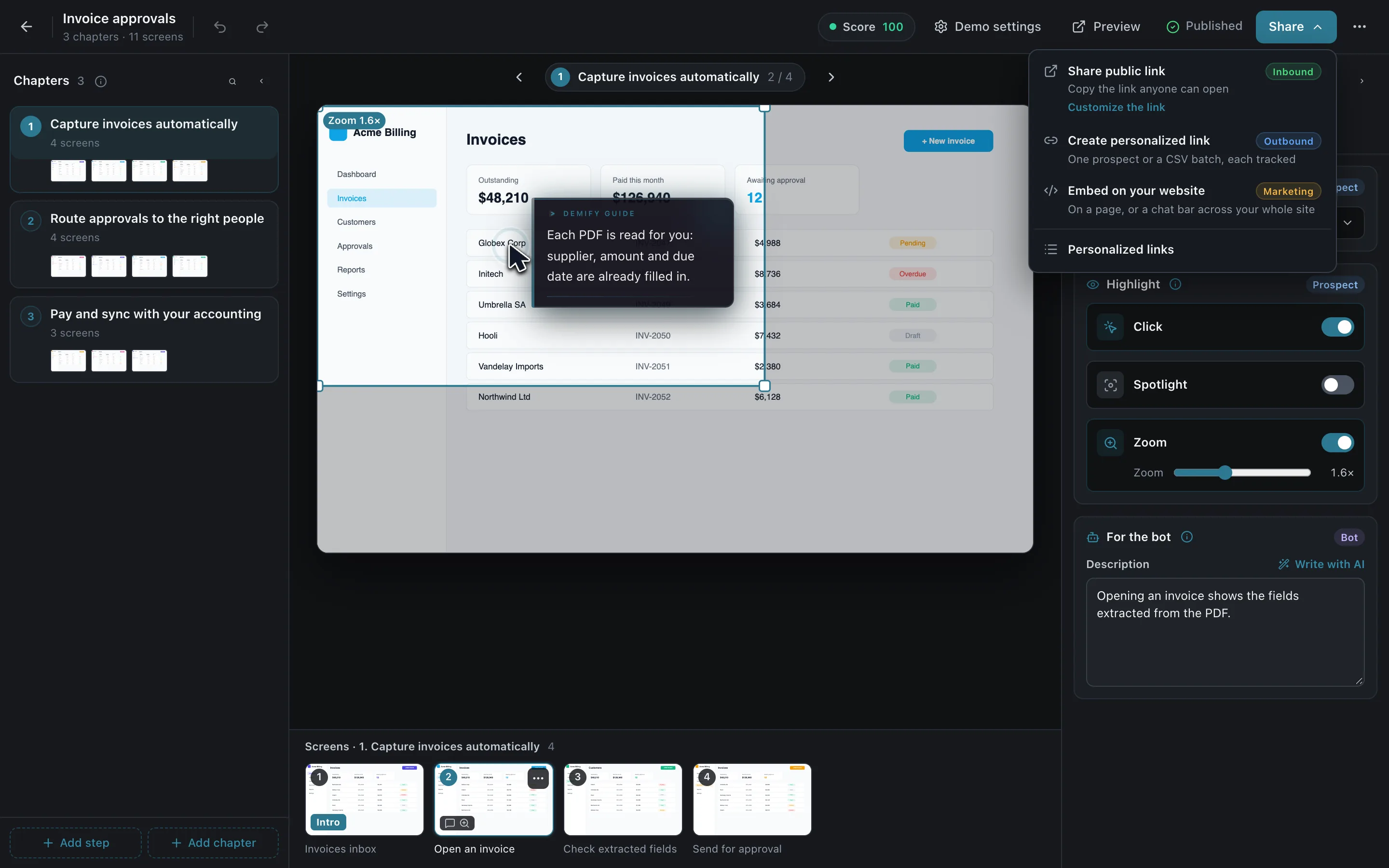 The editor's Share menu over the published demo: share a public link, create a personalized link, embed on your website