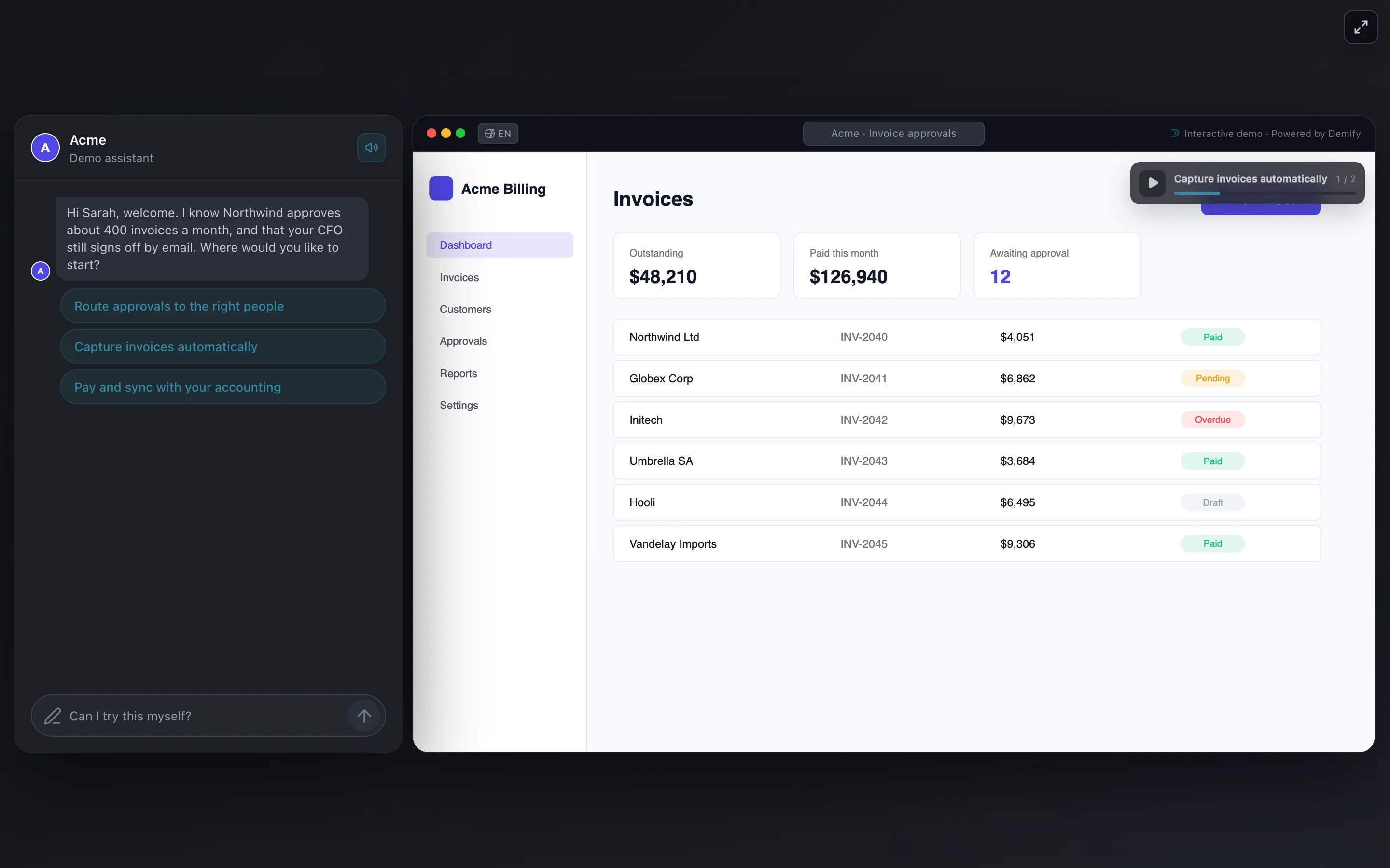 A demo opened from a personalized link: the AI guide greets the prospect by name and knows their company's context