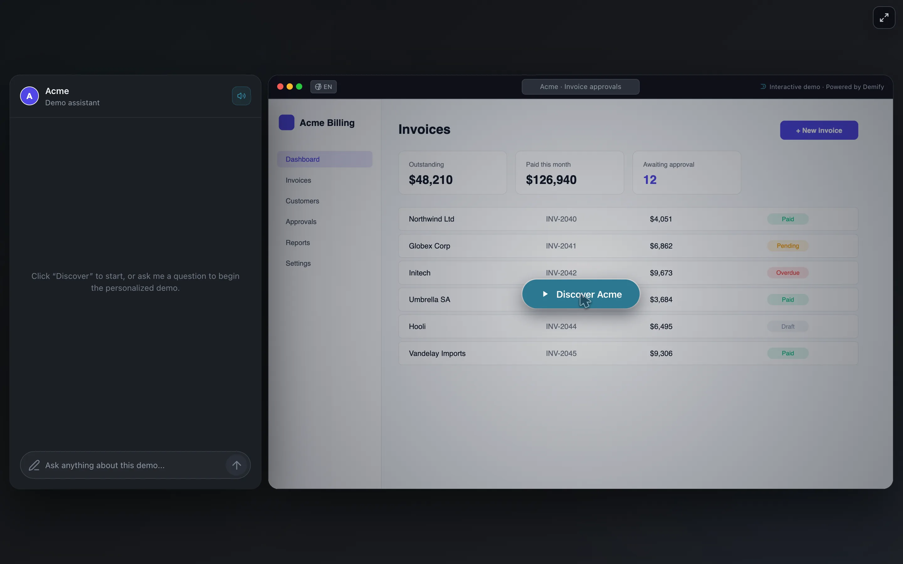 An interactive demo of Acme Billing: the product's invoices on the right, an AI guide on the left inviting the prospect to ask a question